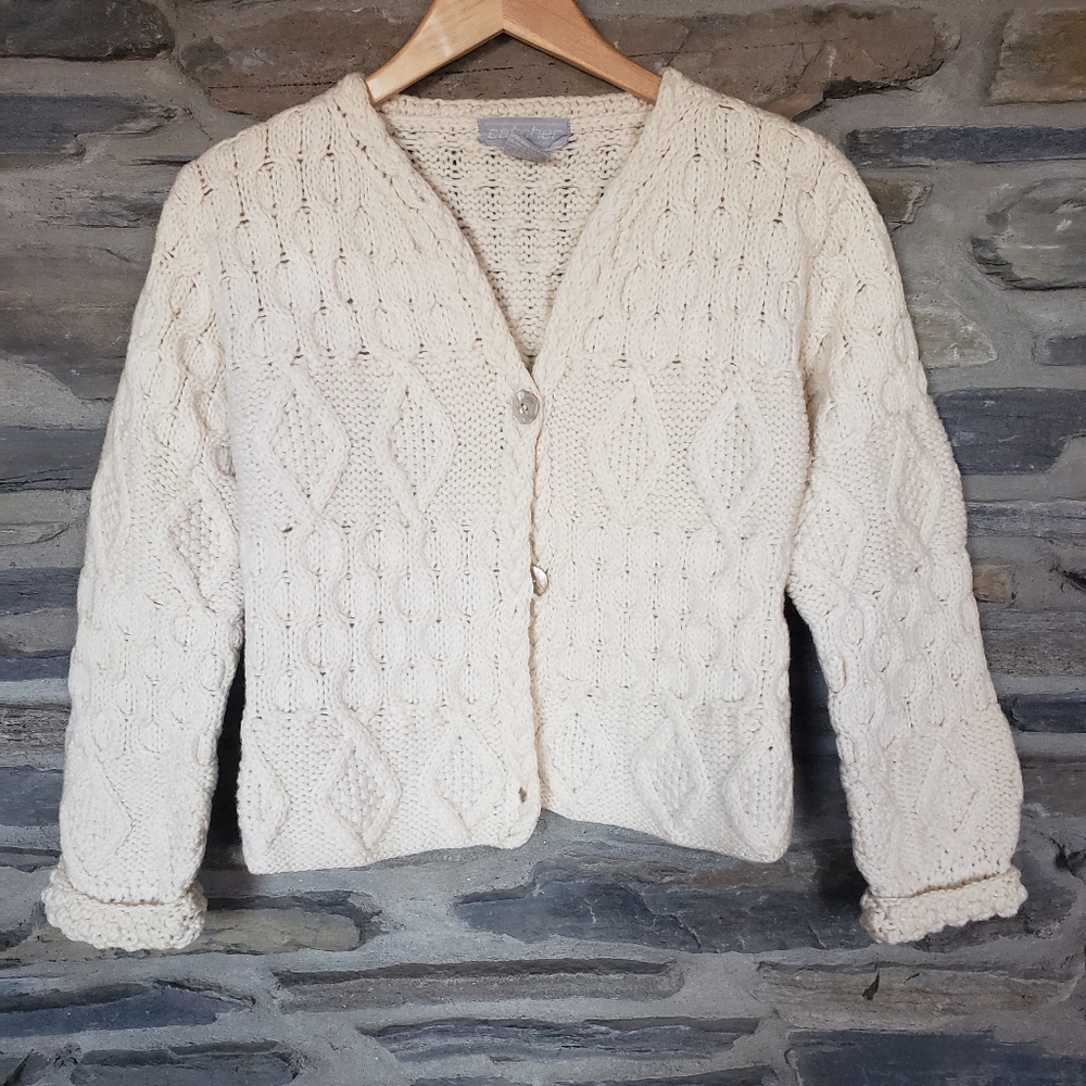 VTG Catcher Thick Knit Cardigan Sweater Medium 100% Wool Cream